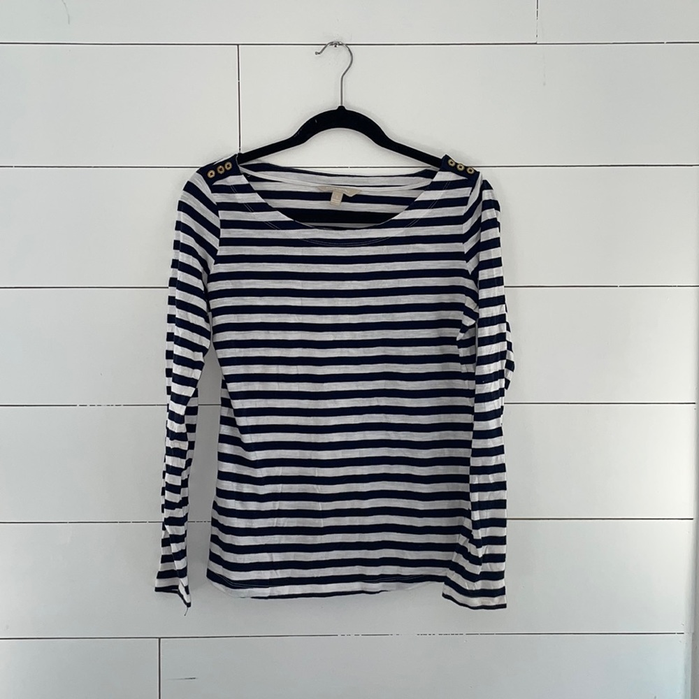 Banana Republic Long Sleeve Crew Neck Striped Top Navy Blue/White S #0112